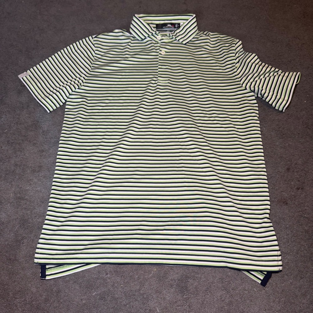 RLX Ralph Lauren Mens Striped Wicking Golf Polo Shirt Lime Green Navy Blue M